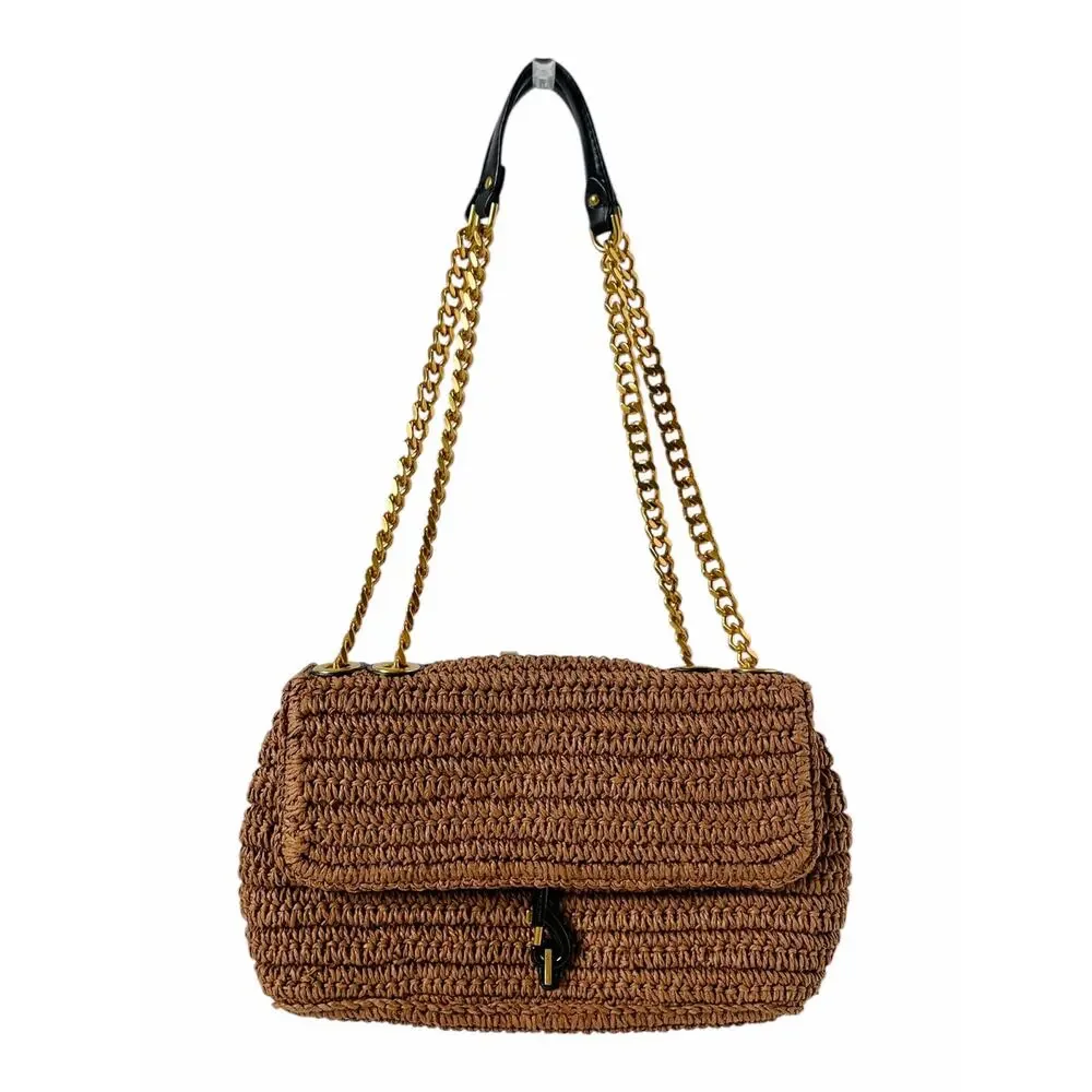 Rebecca Minkoff Edie Medium Crossbody Tawny Brown Raffia Straw Chain Bag
